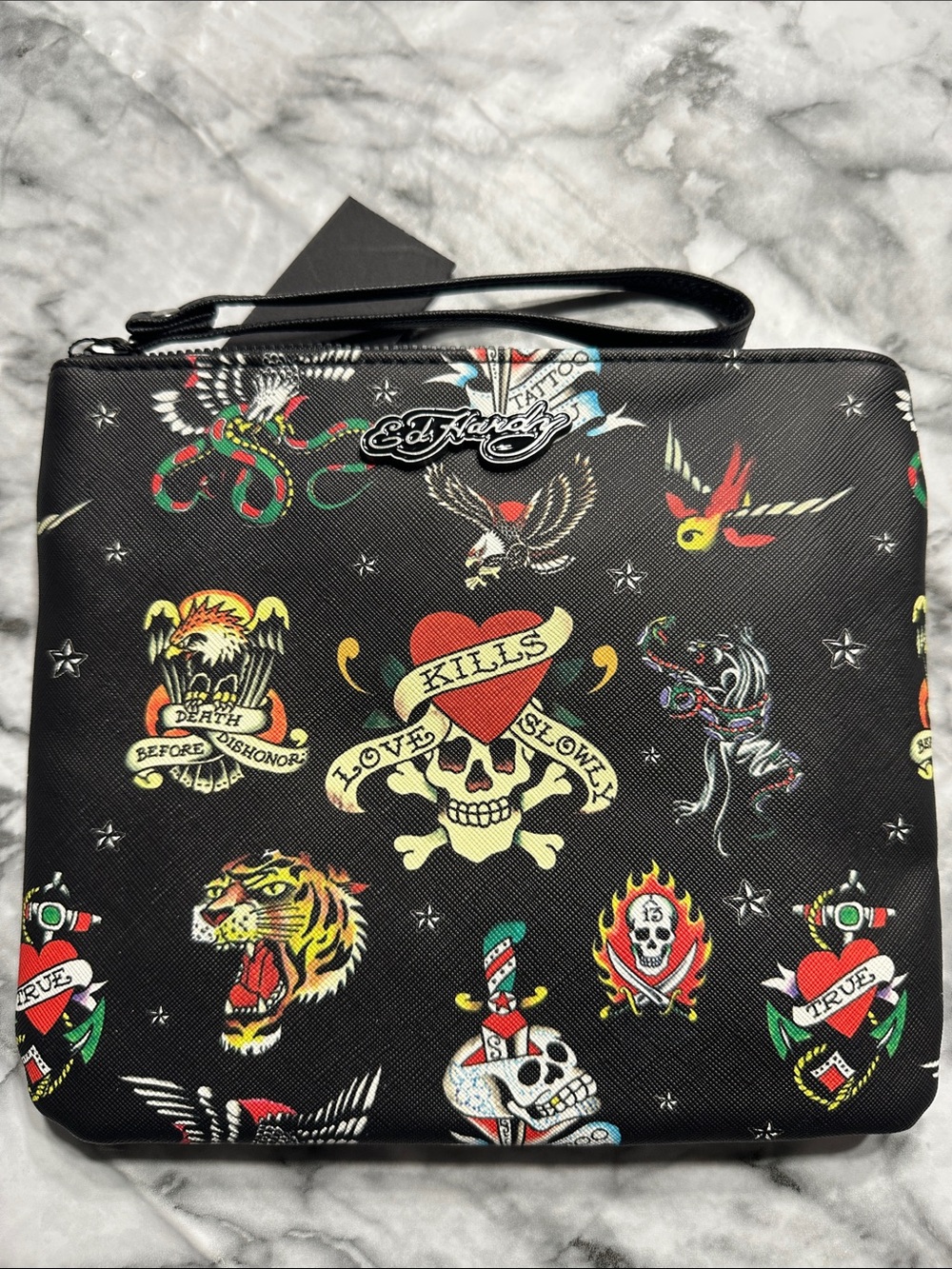 NWT Ed Hardy Black Tattoo Print Wristlet Pouch Clutch Bag Y2K Skulls Tigers